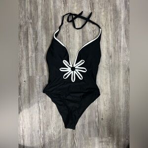 Black One-Piece Swimsuit with White Flower Design